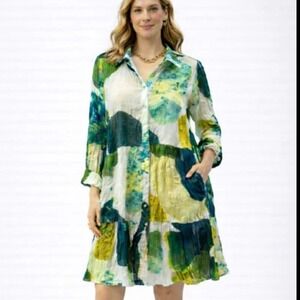 Dress Addict June Abstract Button Up Tiered Ruffle Shirt Dress Medium Women's